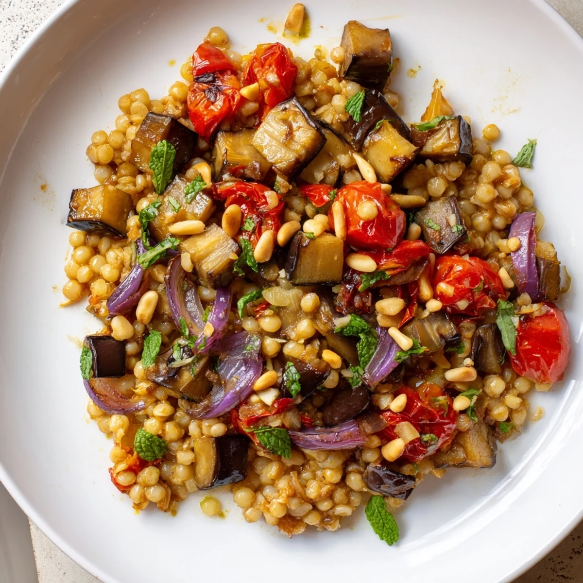 Warm millet and roasted eggplant salad topped with toasted pine nuts and fresh herbs