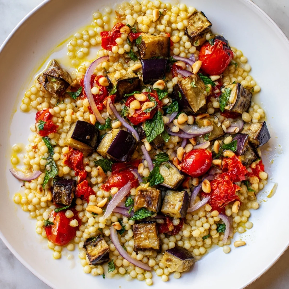 Golden roasted eggplant and fluffy millet tossed in a bright, tangy lemon herb dressing