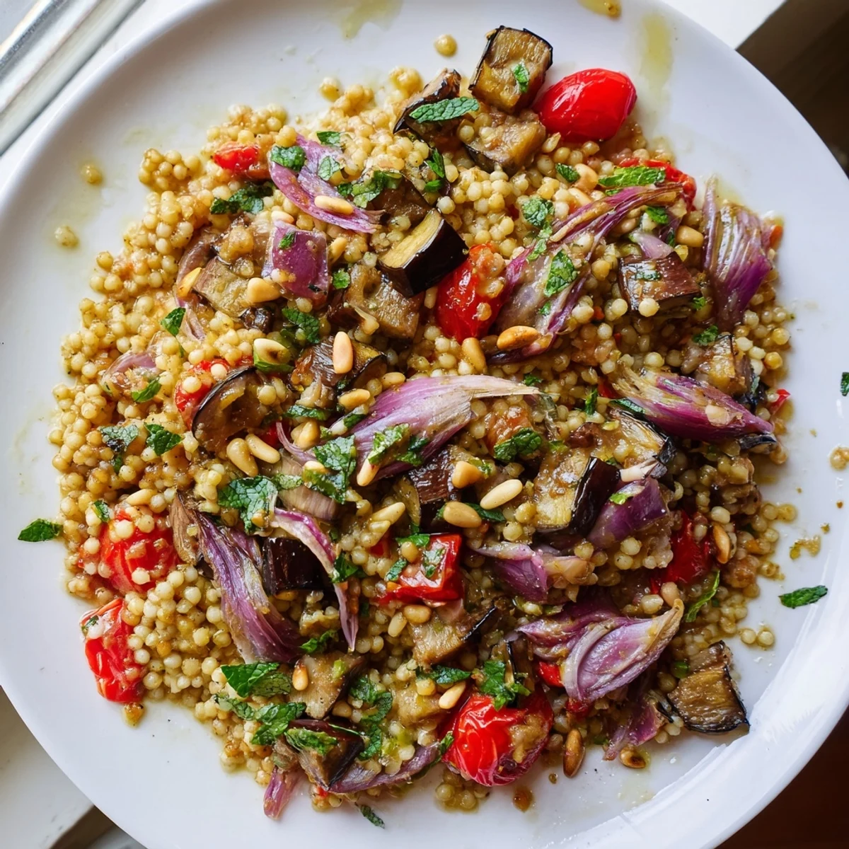 Warm millet and roasted eggplant salad served in a bowl with juicy cherry tomatoes