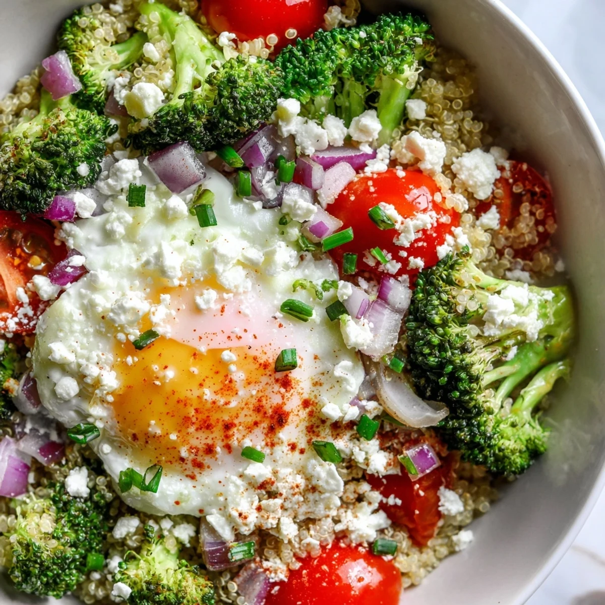 Savory Broccoli and Tomato Quinoa Breakfast Bowl topped with a fried egg and crumbled feta cheese