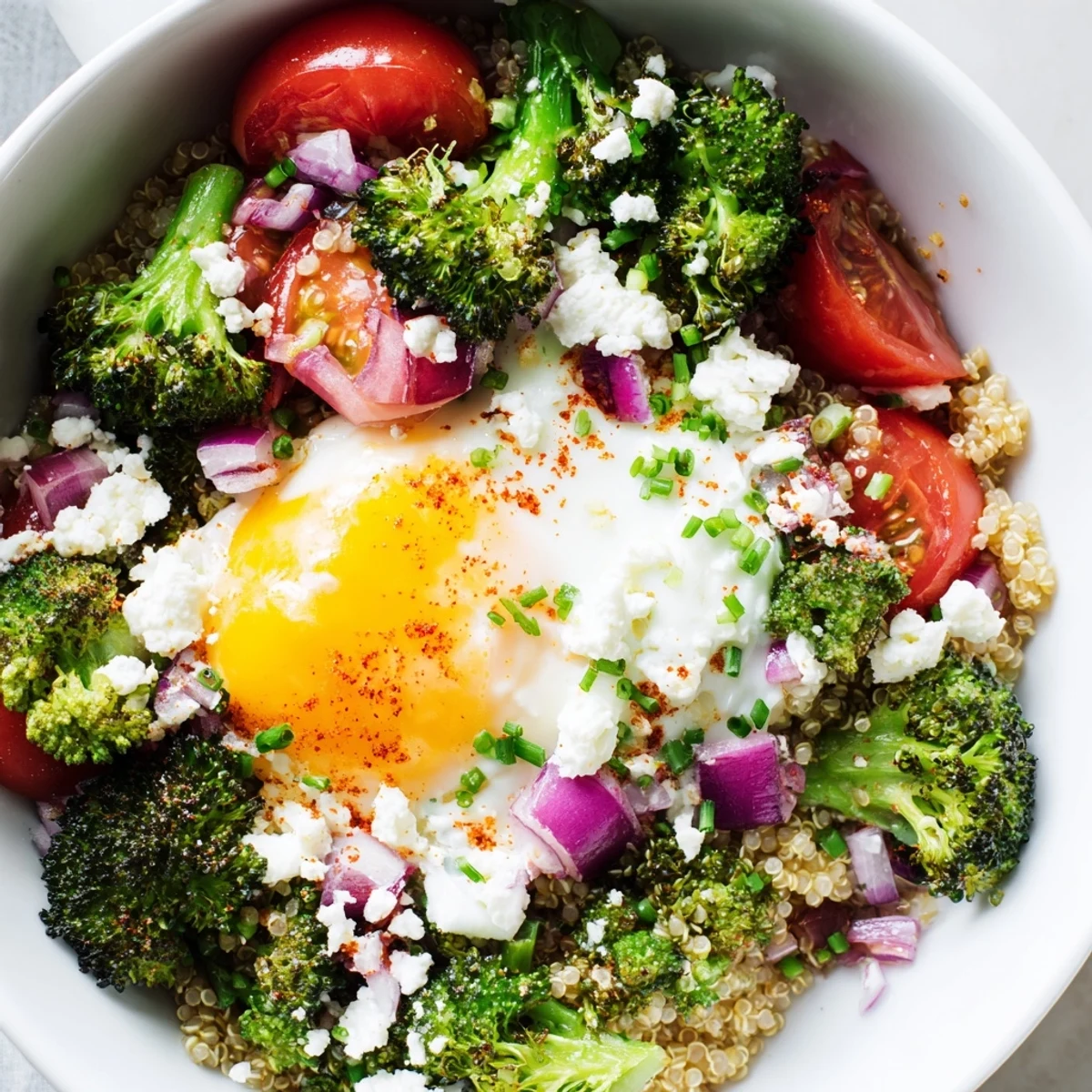 Warm Savory Broccoli and Tomato Quinoa Breakfast Bowl garnished with fresh herbs in a rustic ceramic dish
