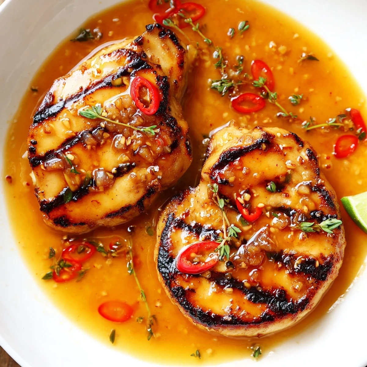 Golden citrus chili garlic chicken skillet with a glossy, tangy pan sauce and fresh herbs