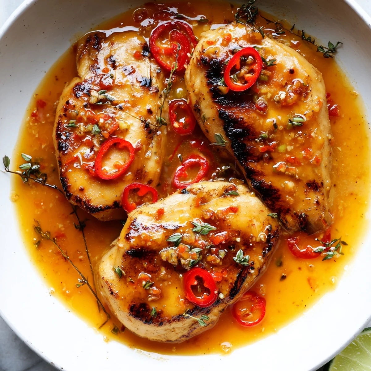 Juicy sliced citrus chili garlic chicken skillet topped with vibrant cilantro and lime wedges