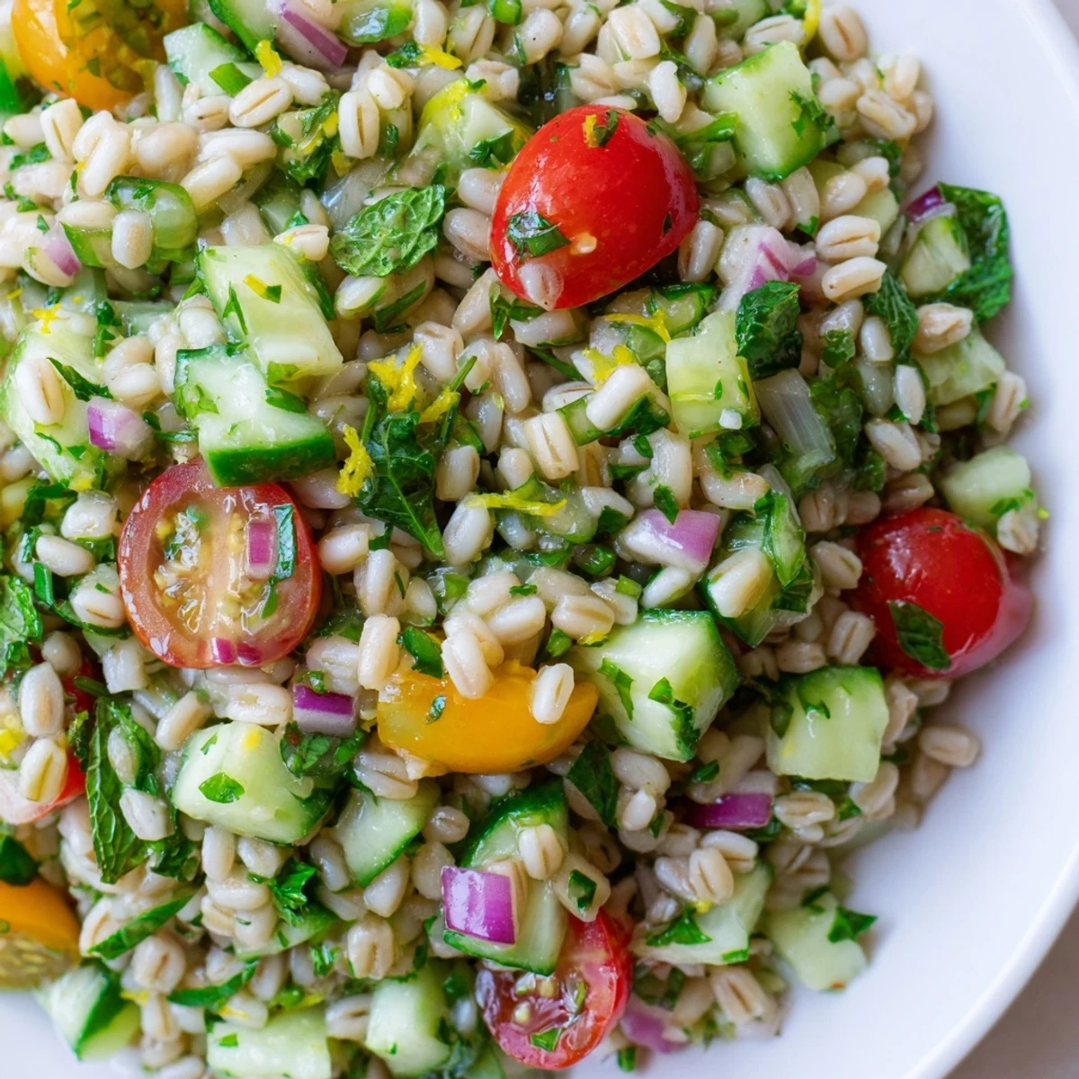 Bright citrus herb barley and cucumber salad topped with fresh chopped mint and parsley