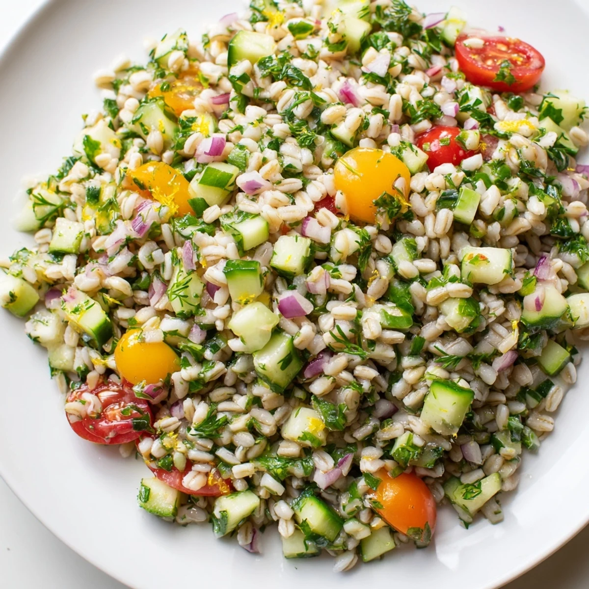 Tender barley grains mixed with crisp cucumber in a zesty citrus herb barley and cucumber salad