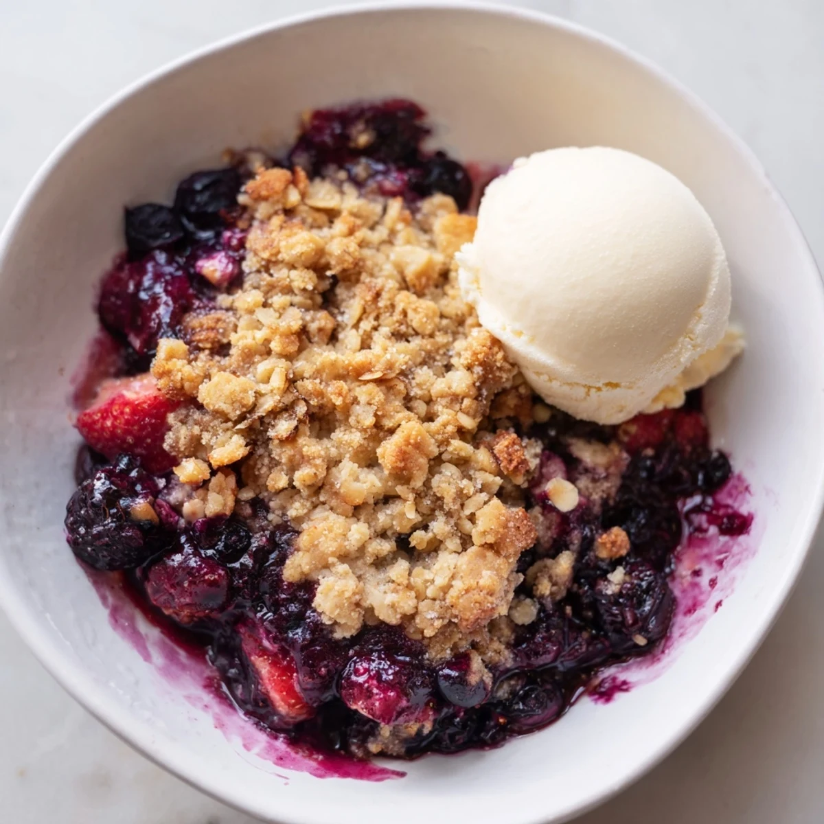 Golden vanilla berry almond crisp bubbling in a rustic baking dish with crumbly oat topping