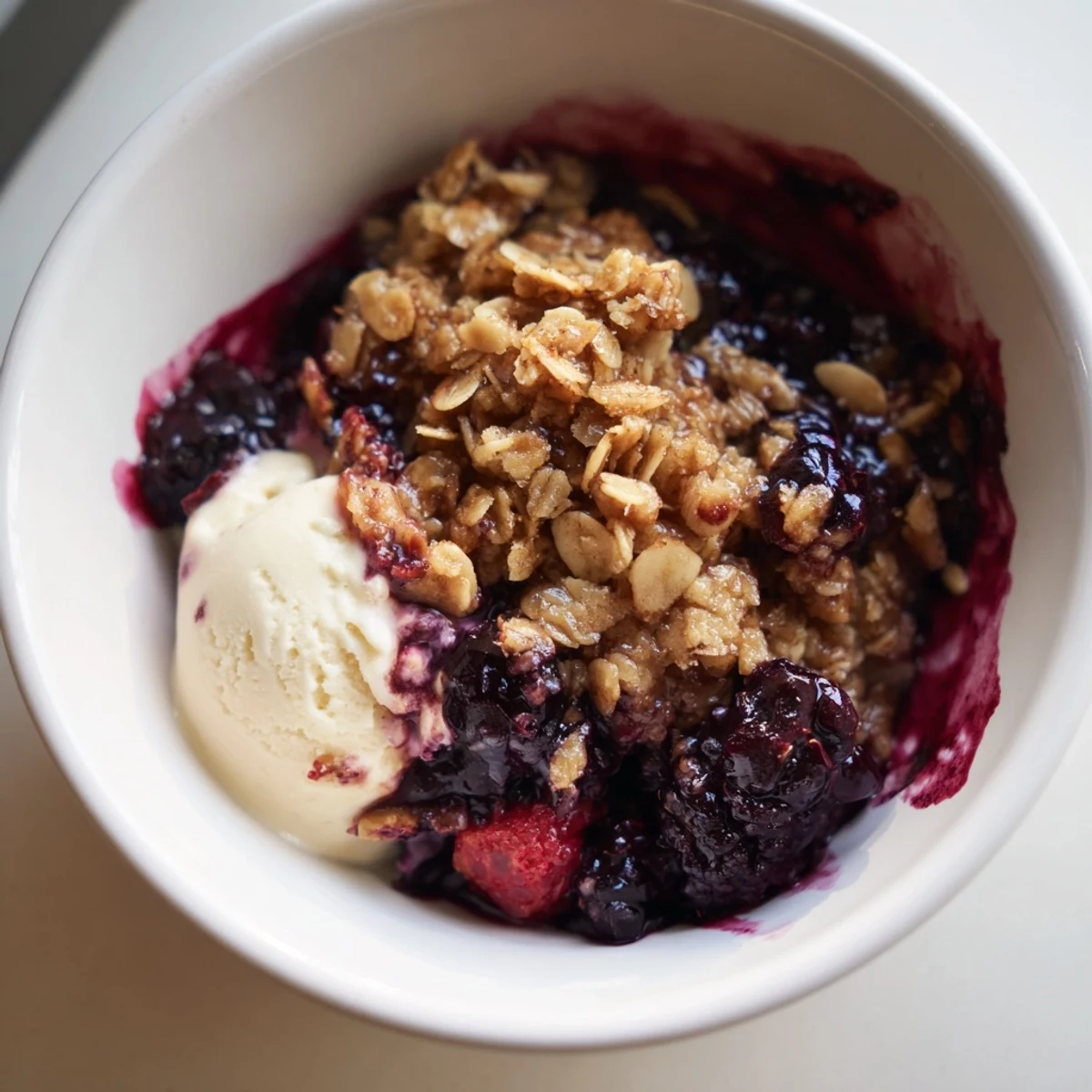Warm vanilla berry almond crisp served in a white bowl with melty vanilla ice cream