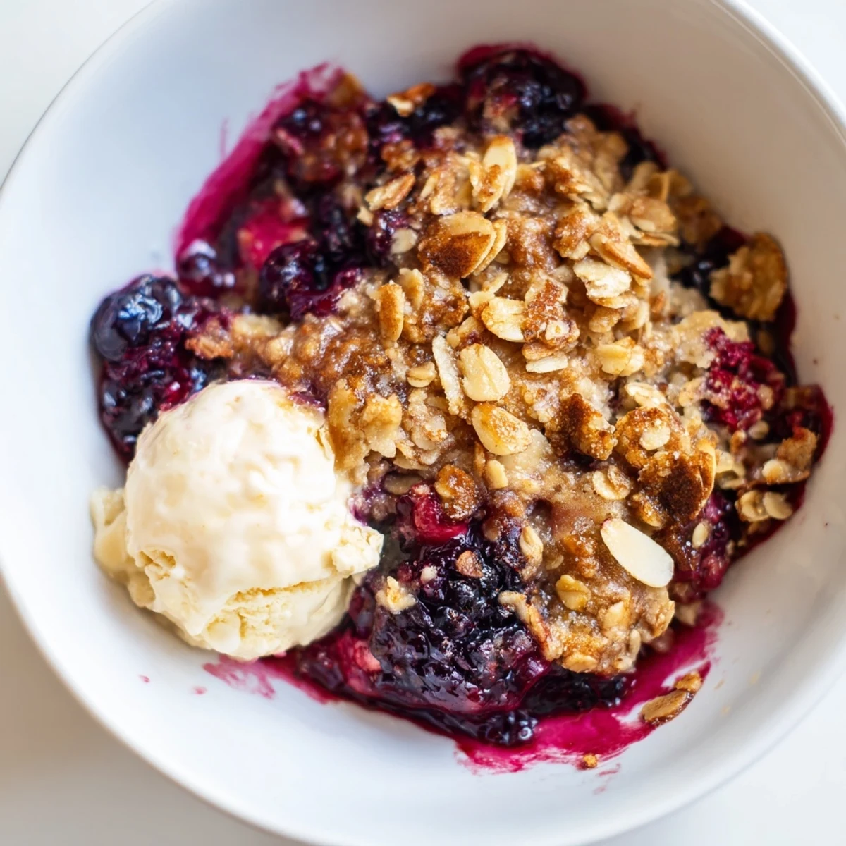 Close-up of vanilla berry almond crisp showing juicy mixed berries beneath a crunchy almond crumble