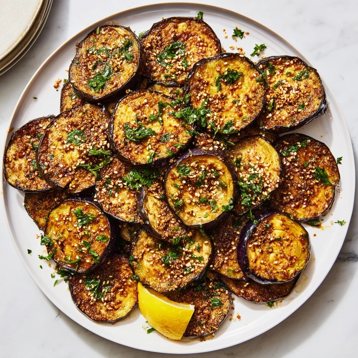 Golden smoky roasted eggplant coins with crisp edges on a parchment-lined baking sheet
