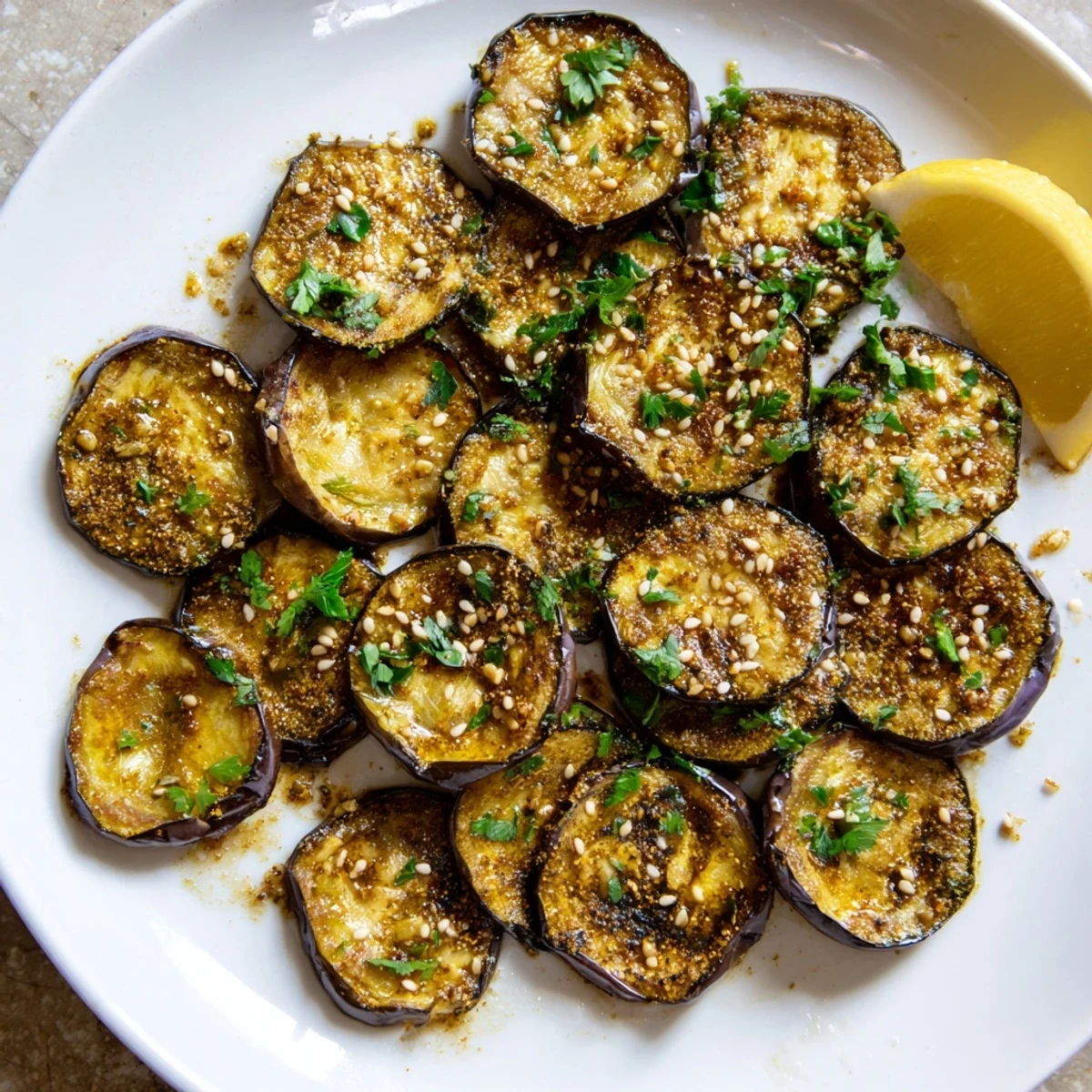 Tender smoky roasted eggplant coins garnished with fresh parsley and toasted sesame seeds