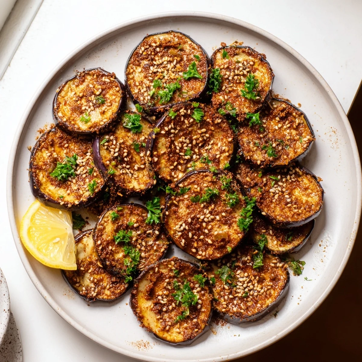 Caramelized smoky roasted eggplant coins served on a platter with bright lemon wedges