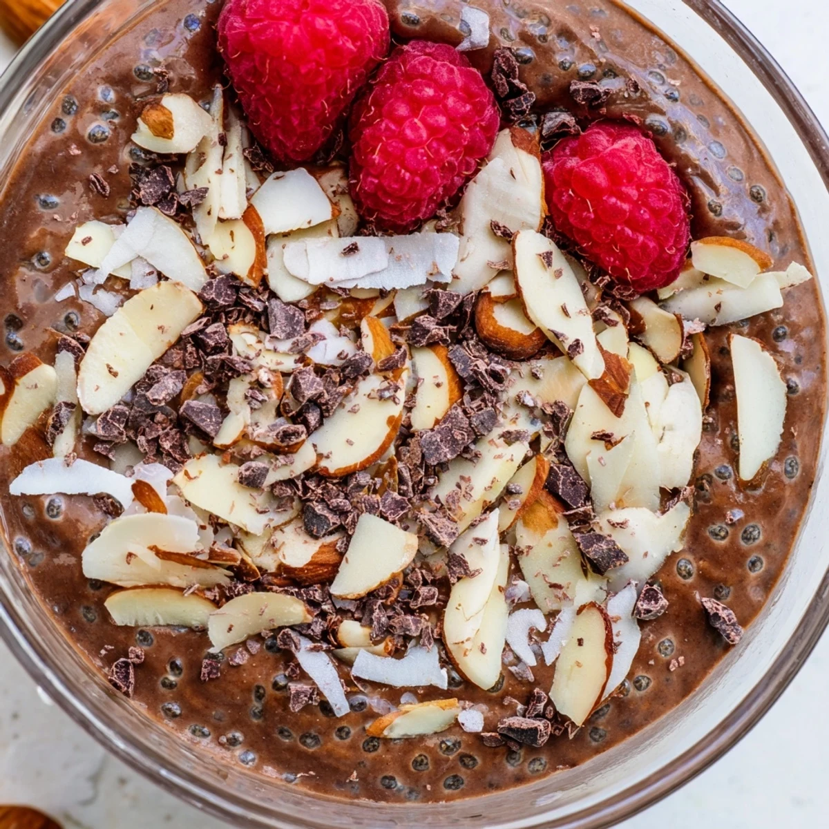 Rich chocolate cocoa almond coconut chia cream served chilled in glass dessert cups