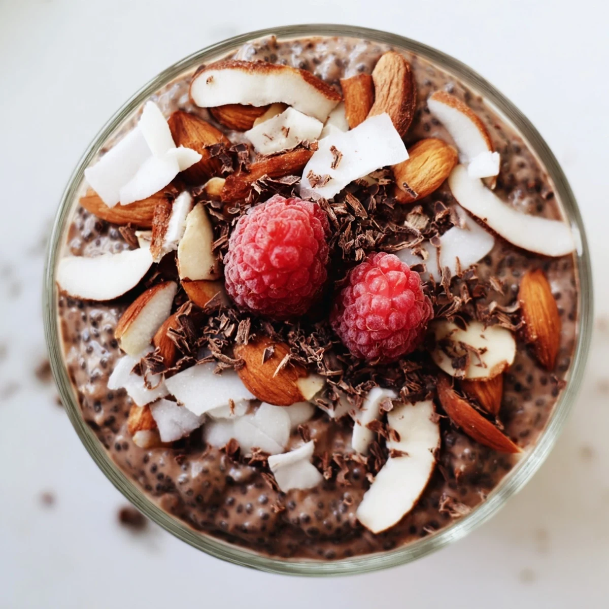 Creamy cocoa almond coconut chia cream topped with toasted almonds and shredded coconut