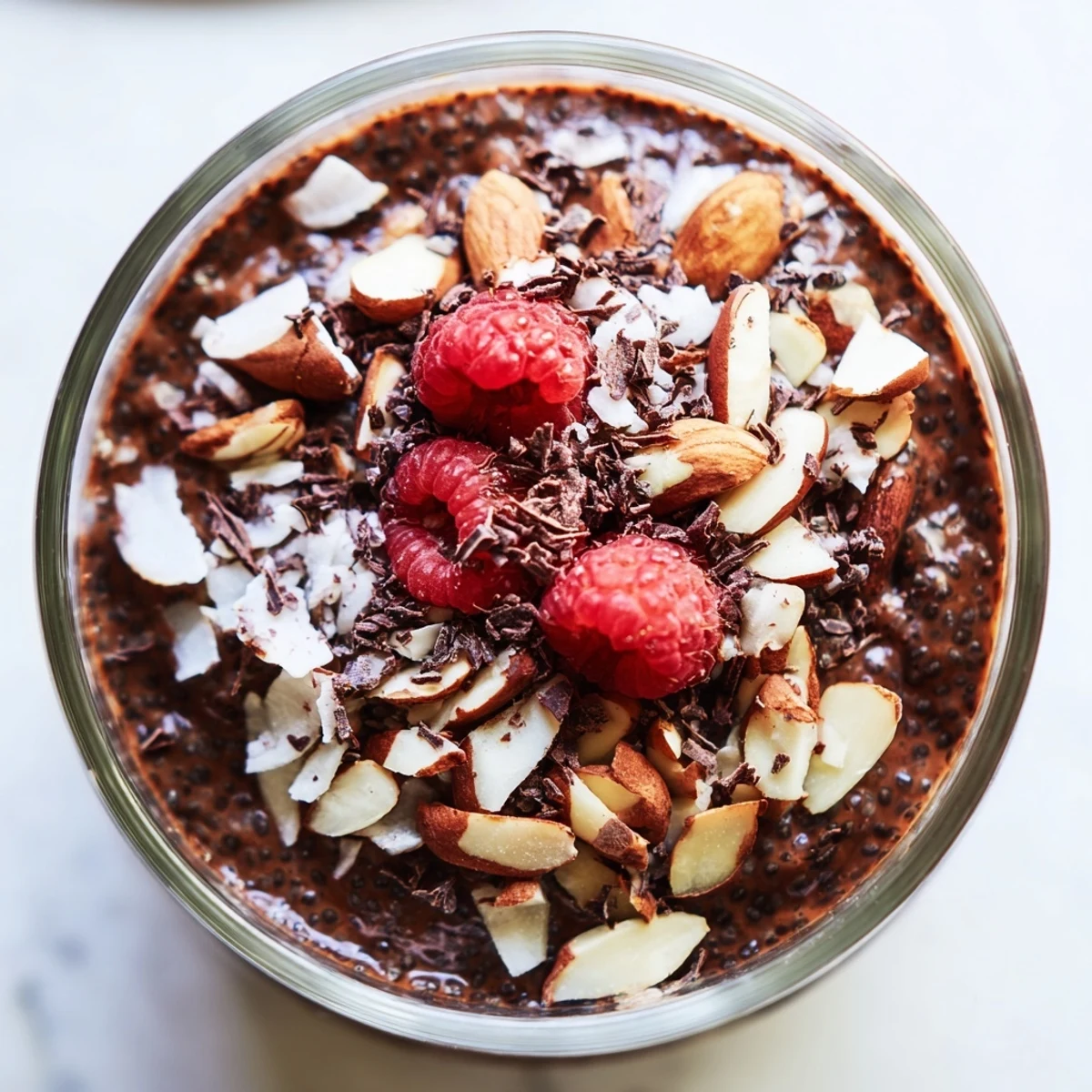 Velvety cocoa almond coconut chia cream garnished with fresh berries and dark chocolate shavings