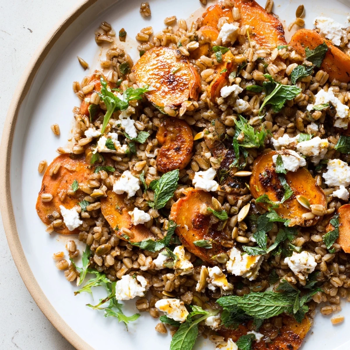 Warm farro and roasted carrot salad topped with crumbled feta and fresh herbs on a rustic plate