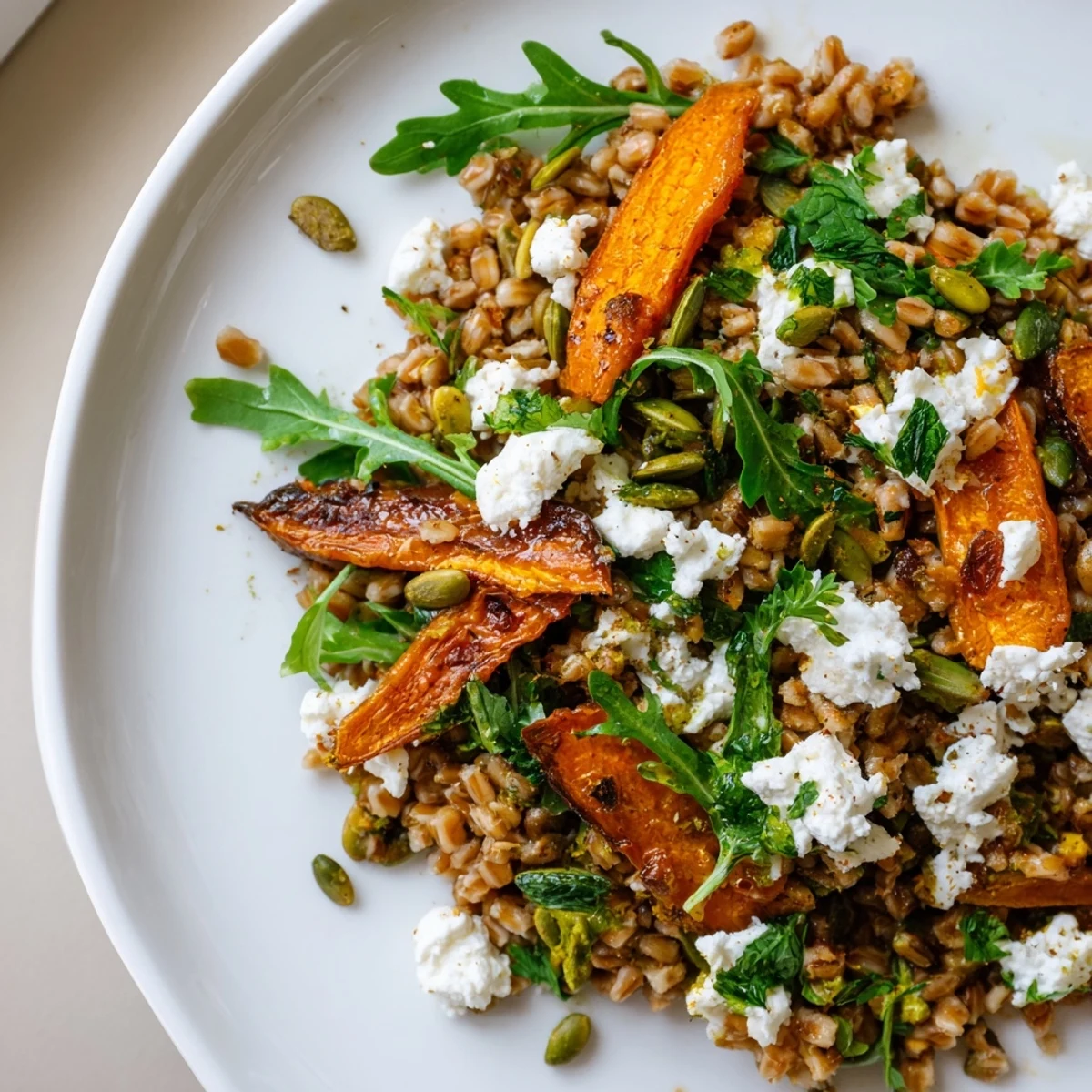 A vibrant bowl of warm farro and roasted carrot salad drizzled with zesty lemon honey dressing