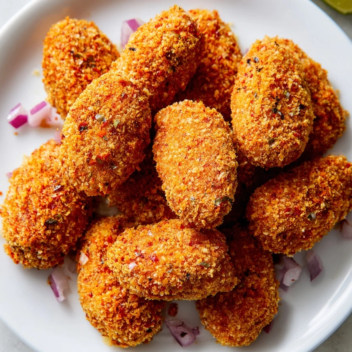 Golden crispy chili lime chickpea nuggets arranged on a baking sheet with lime wedges