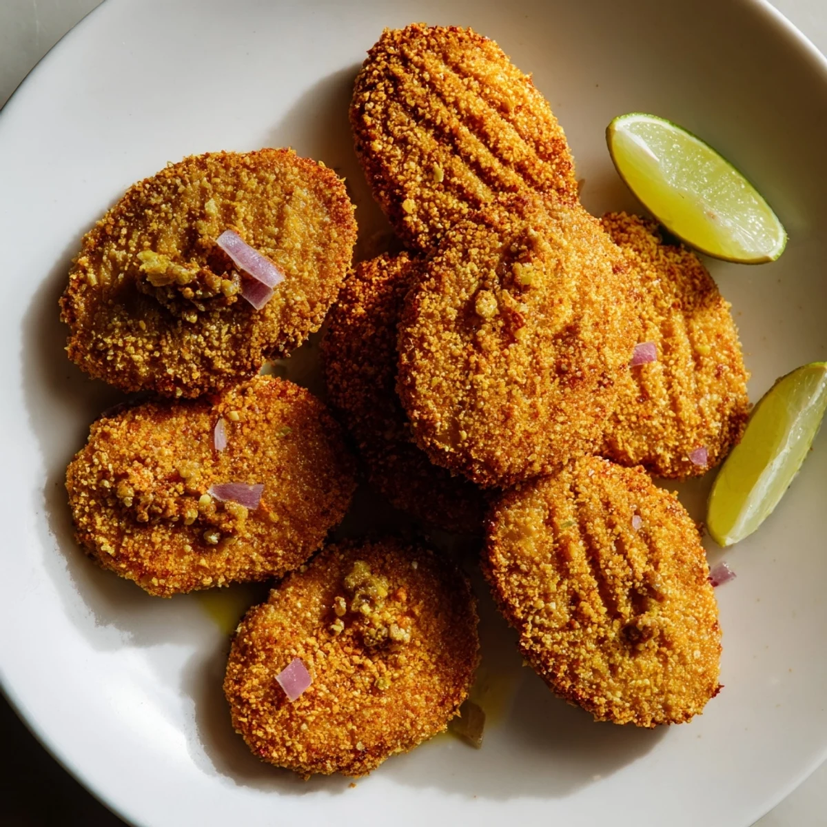 Crispy chili lime chickpea nuggets served with a creamy avocado dipping sauce