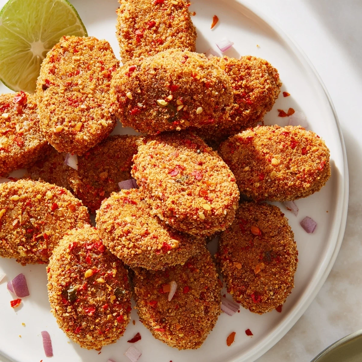 Close-up of crispy chili lime chickpea nuggets with a golden crunchy breadcrumb coating