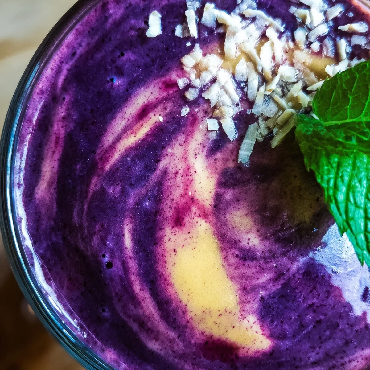 Creamy purple blueberry peach coconut smoothie poured into two glasses with a tropical fruit garnish beside them.
