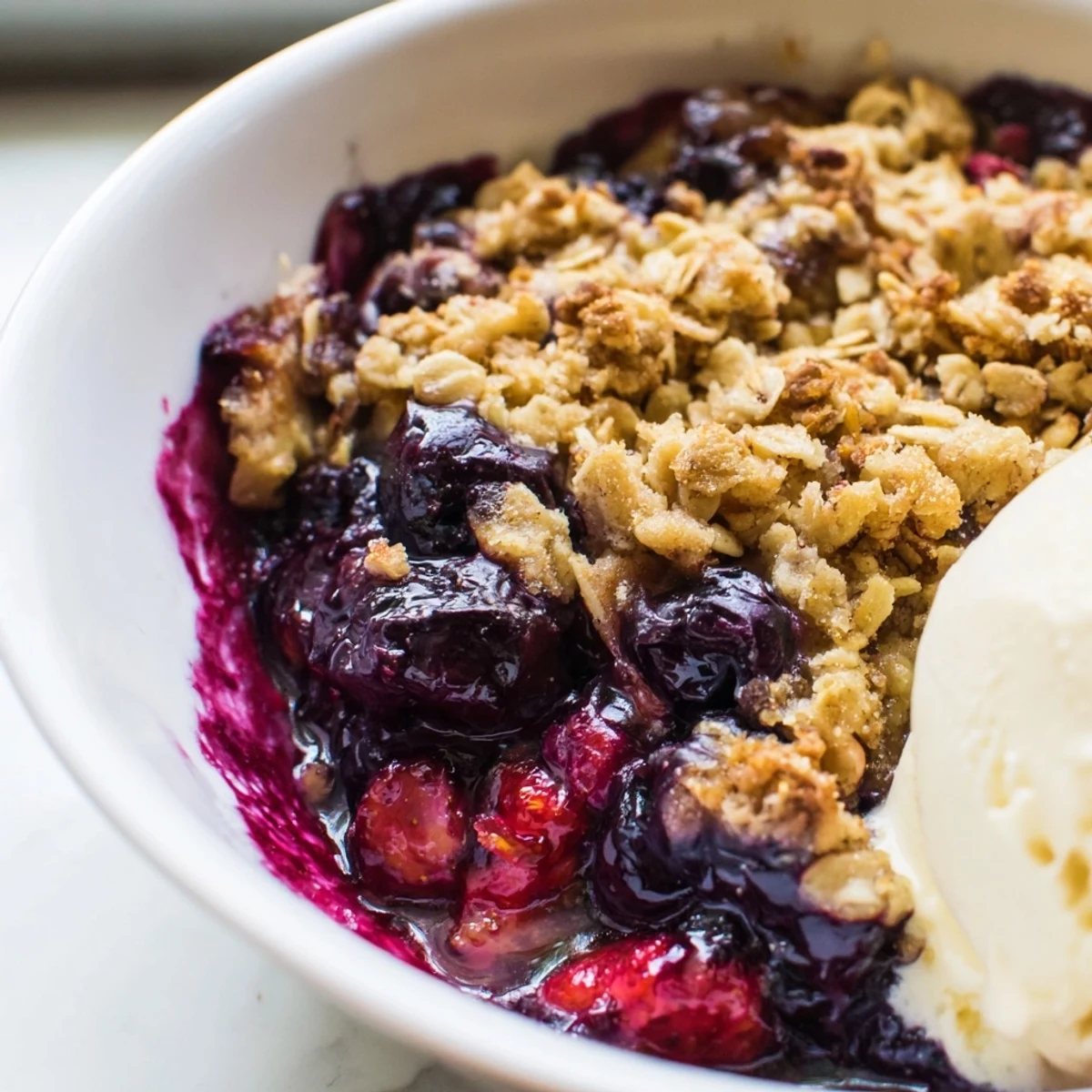 Golden vanilla maple berry crumble topped with ice cream in a rustic dish