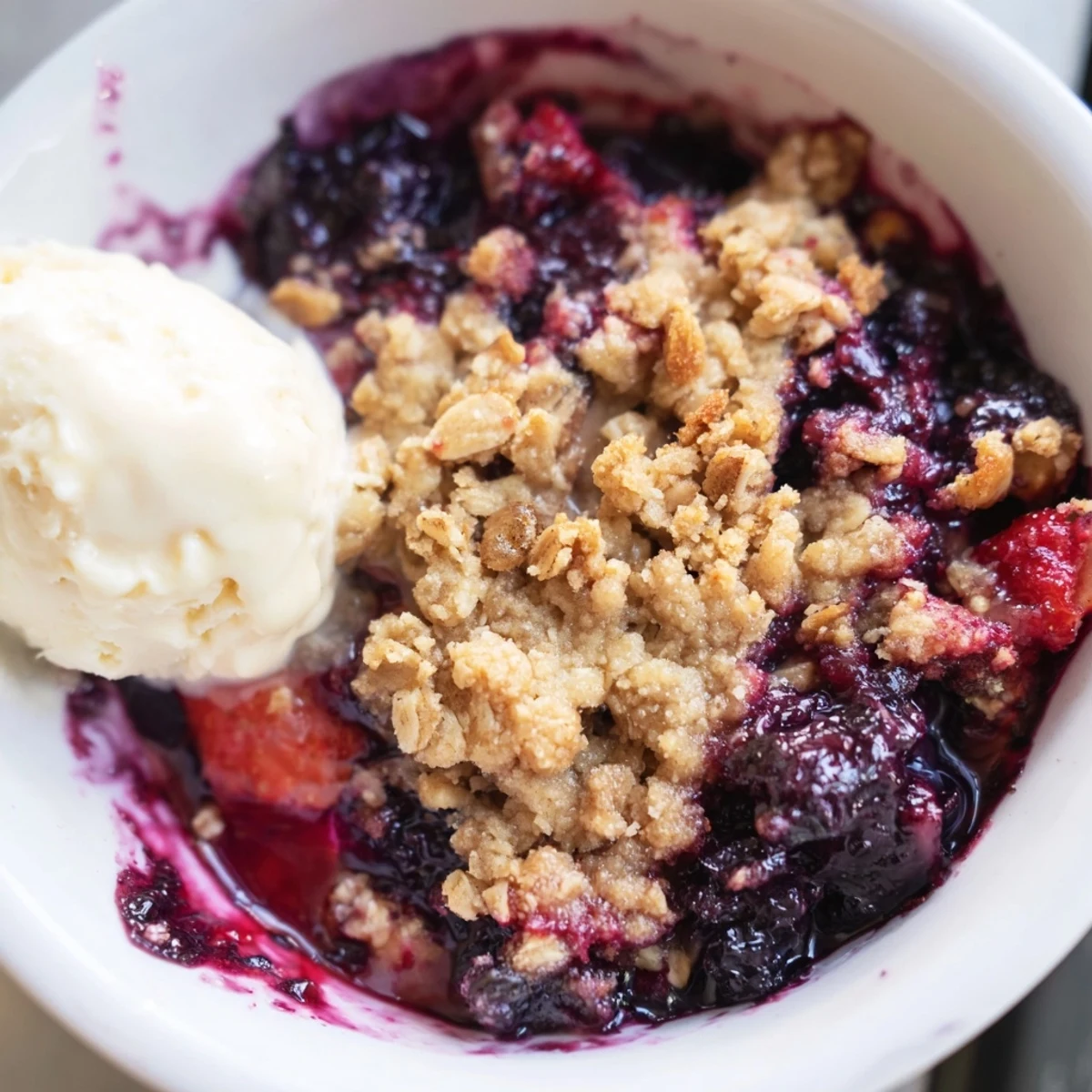 Bubbling mixed berries peek through a crispy oat vanilla maple berry crumble