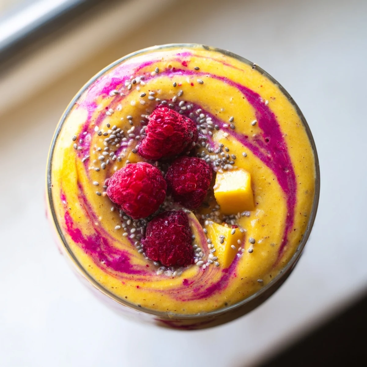 Creamy mango raspberry coconut smoothie topped with fresh berries and shredded coconut