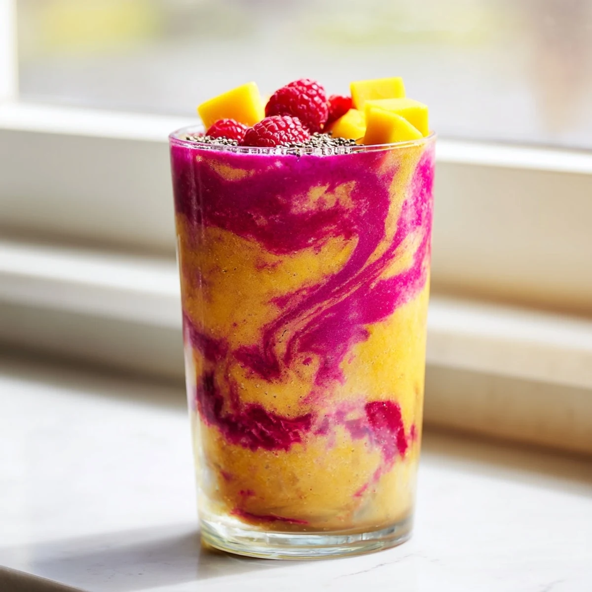 Thick tropical mango raspberry coconut smoothie poured into two jars with garnishes
