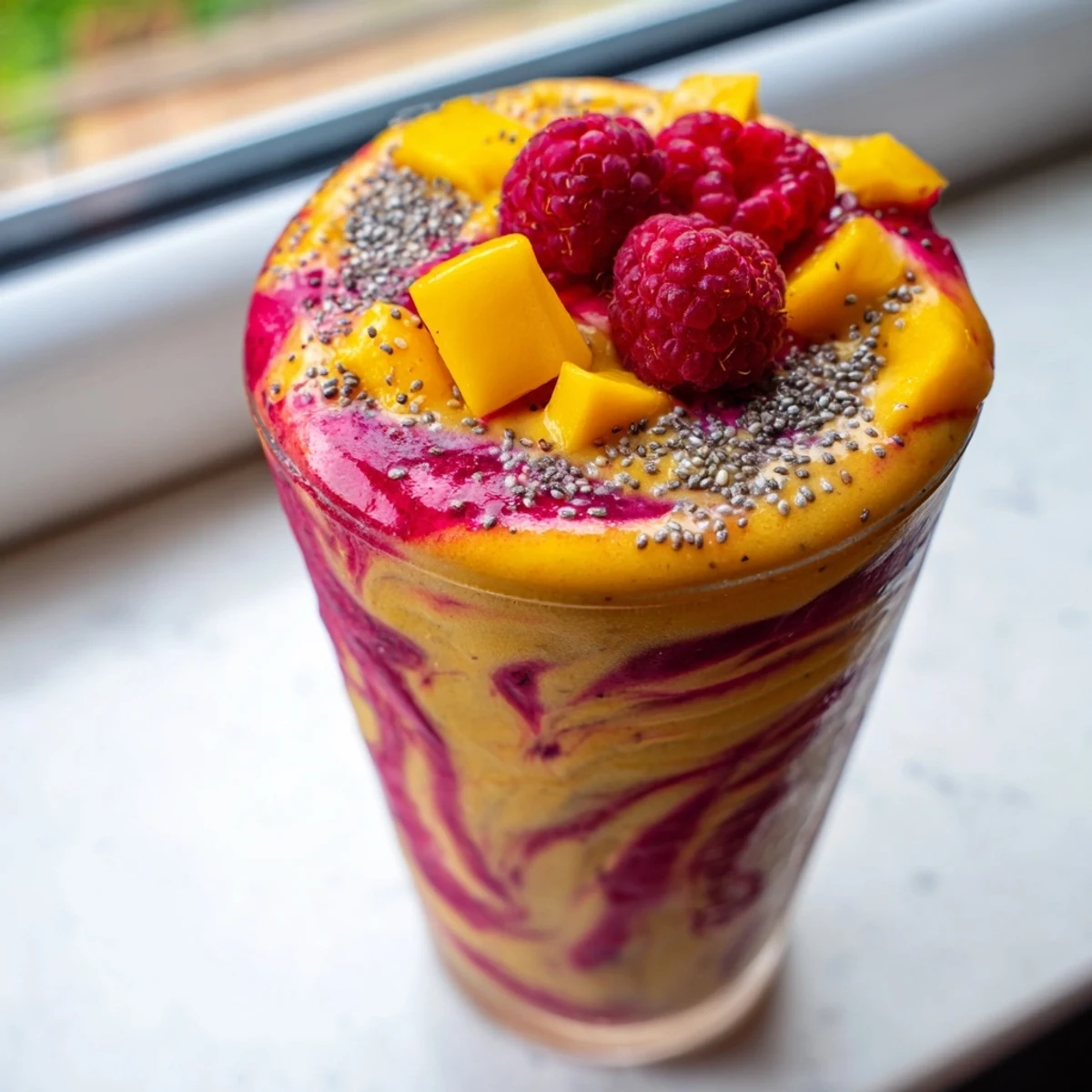 Bright pink mango raspberry coconut smoothie served in a glass with a straw