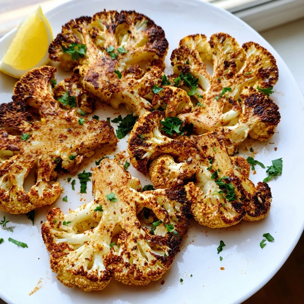 Golden smoky roasted cauliflower coins garnished with fresh parsley and bright lemon wedges