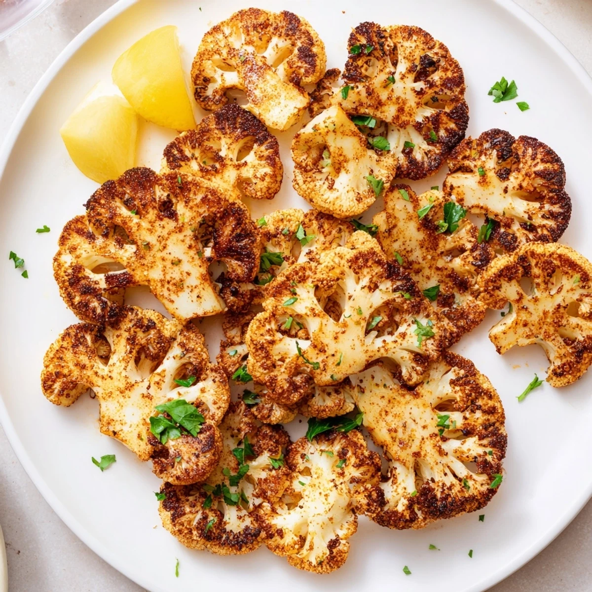 Smoky roasted cauliflower coins with golden crisp edges on a rustic baking sheet
