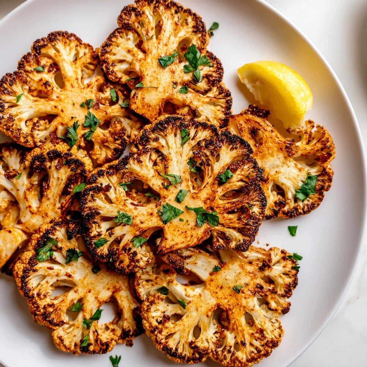 Crispy smoky roasted cauliflower coins arranged on a platter as a savory vegan appetizer