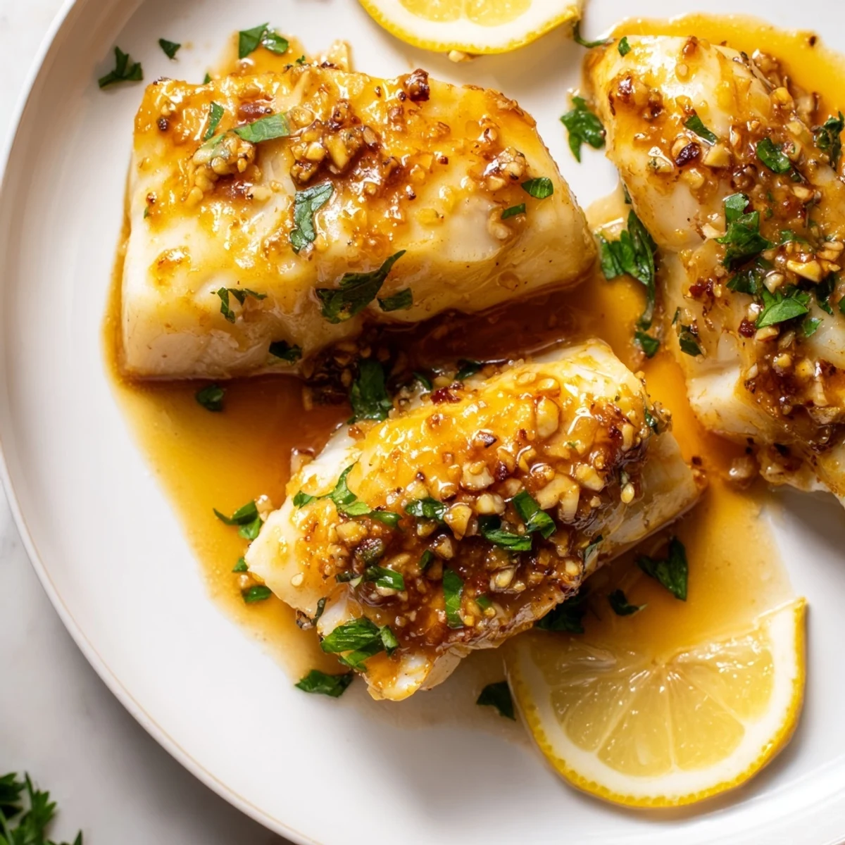 Sizzling skillet of lemon garlic glazed cod drizzled with a bright, buttery honey glaze