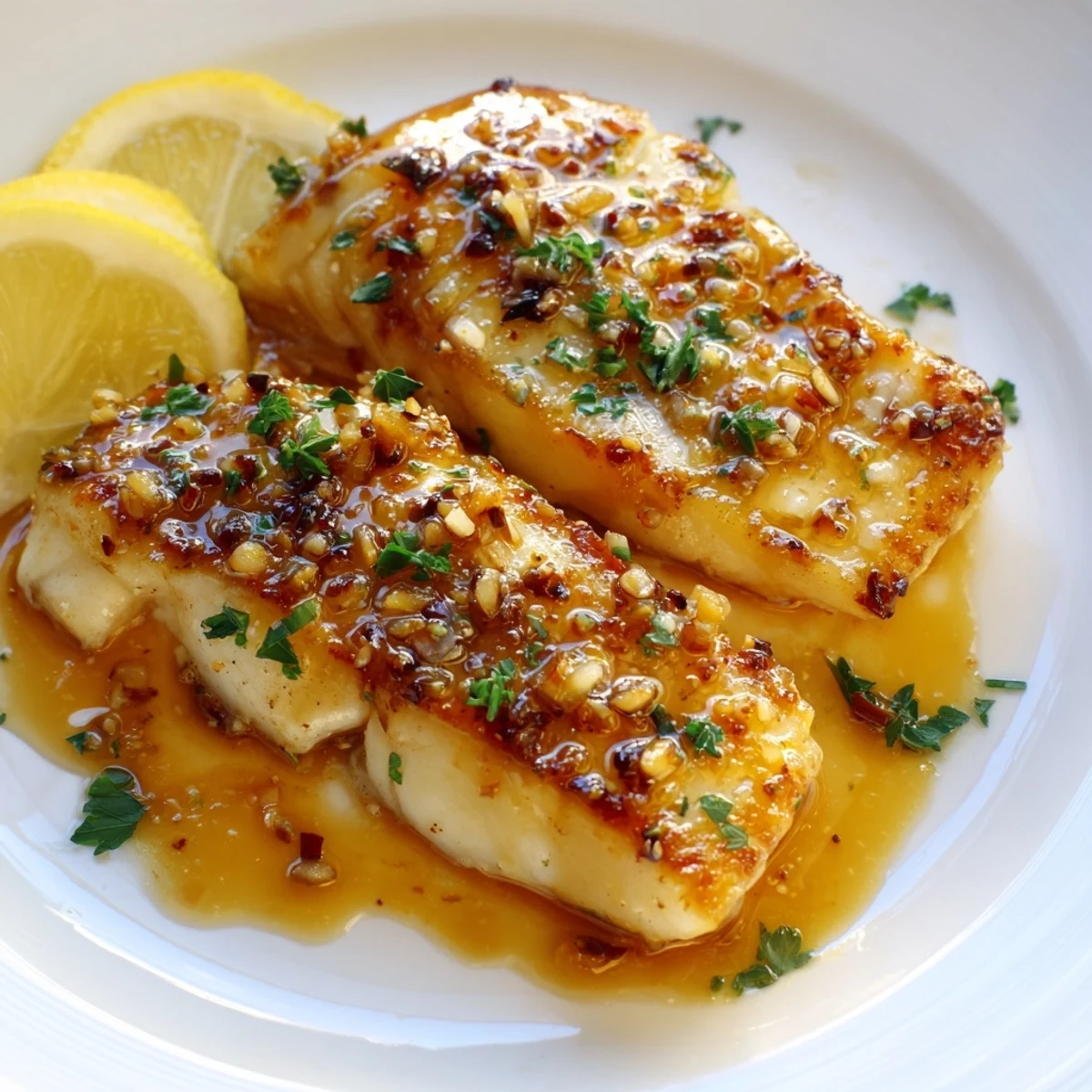 Golden lemon garlic glazed cod skillet with glistening fillets in a tangy citrus pan sauce