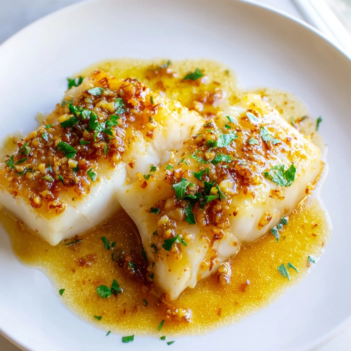 Perfectly seared lemon garlic glazed cod skillet topped with fresh parsley and lemon slices