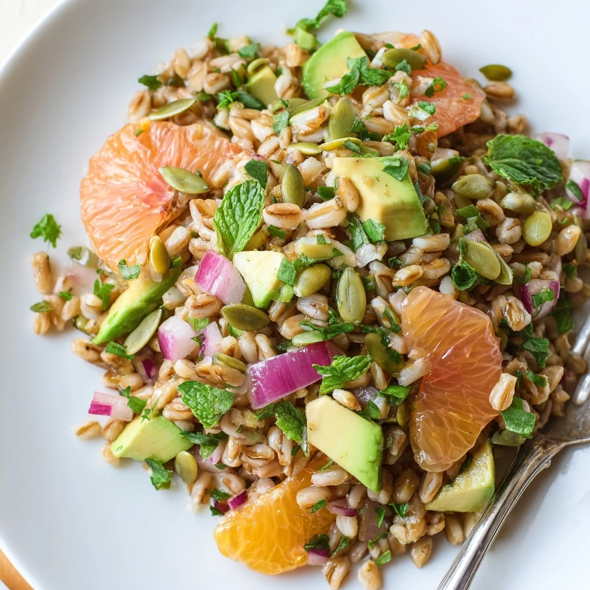 Golden orange and grapefruit segments tumble over nutty Citrus Herb Farro and Avocado Salad with fresh herbs