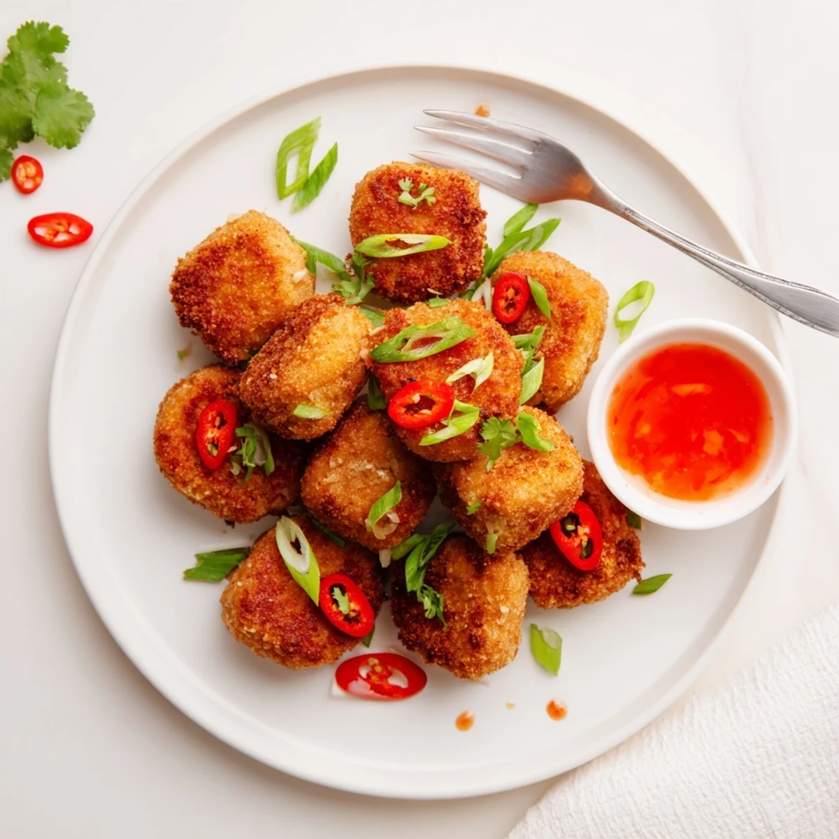 Golden crispy chili garlic tempeh nuggets arranged on a rustic plate with fresh cilantro garnish