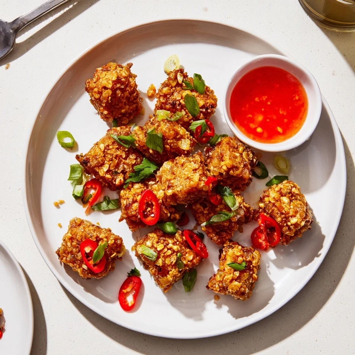 Crunchy panko-coated chili garlic tempeh nuggets served hot with sweet chili dipping sauce on the side