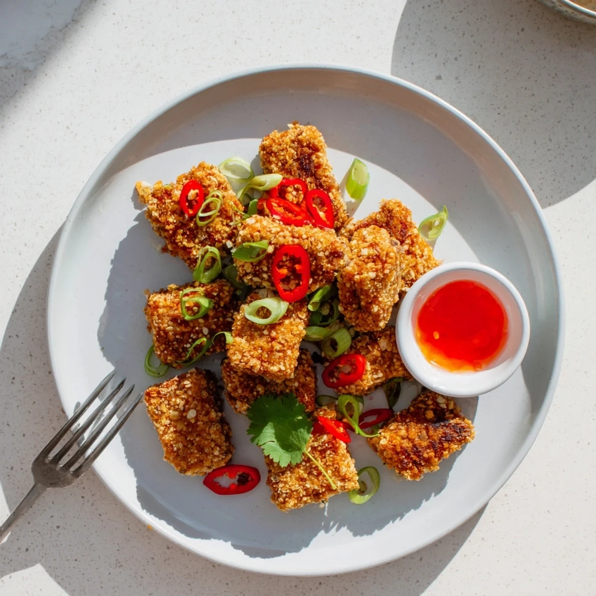 Perfectly browned chili garlic tempeh nuggets piled in a bowl topped with sliced green onions and red chili