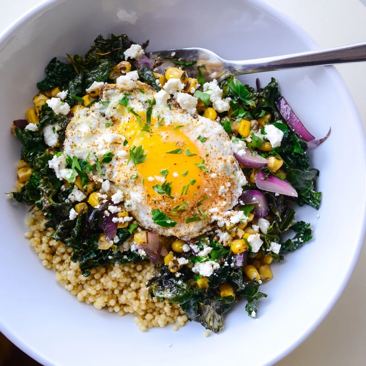 Savory Kale and Sweet Corn Millet Breakfast Bowl topped with a golden fried egg and crumbled feta cheese.