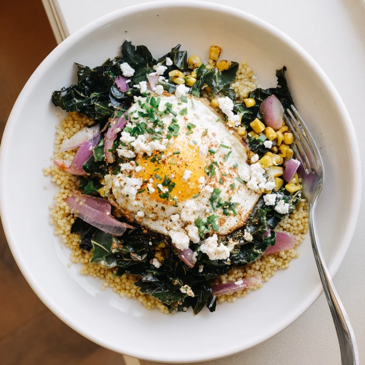 Warm Savory Kale and Sweet Corn Millet Breakfast Bowl garnished with fresh herbs in a rustic ceramic dish.