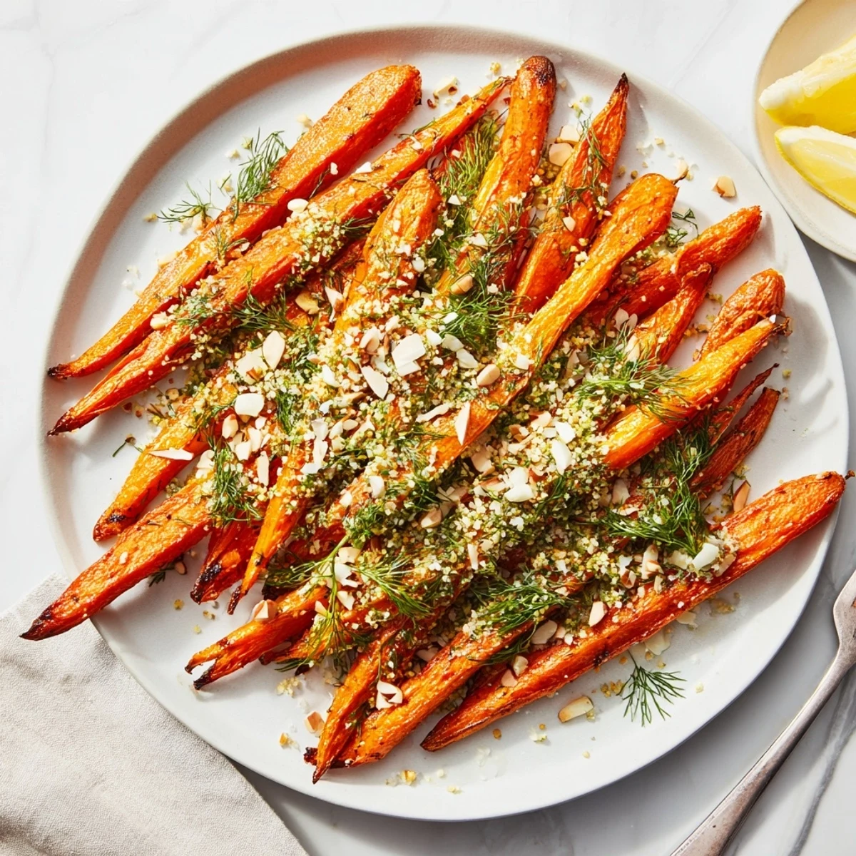 Golden caramelized roasted carrots with dill sesame crunch on a rustic platter