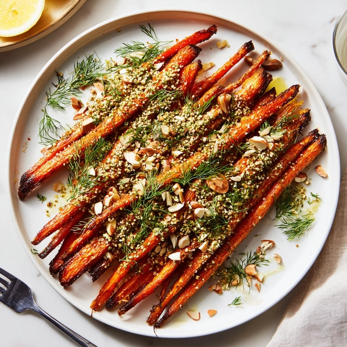 Crispy sesame dill crunch topping blankets tender roasted carrots with fresh lemon wedges