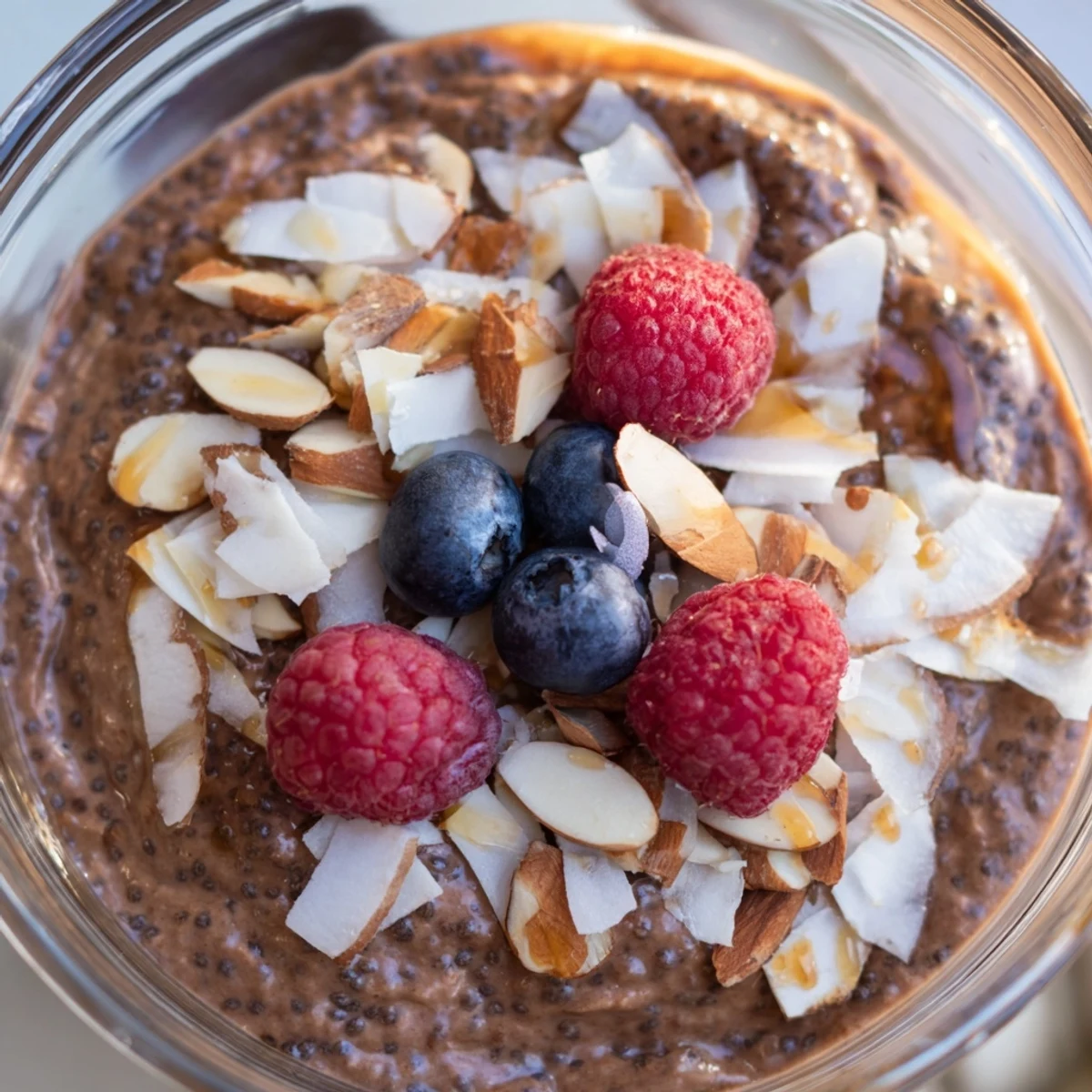 Velvety Cocoa Almond Coconut Chia Cream topped with toasted almonds in a glass jar