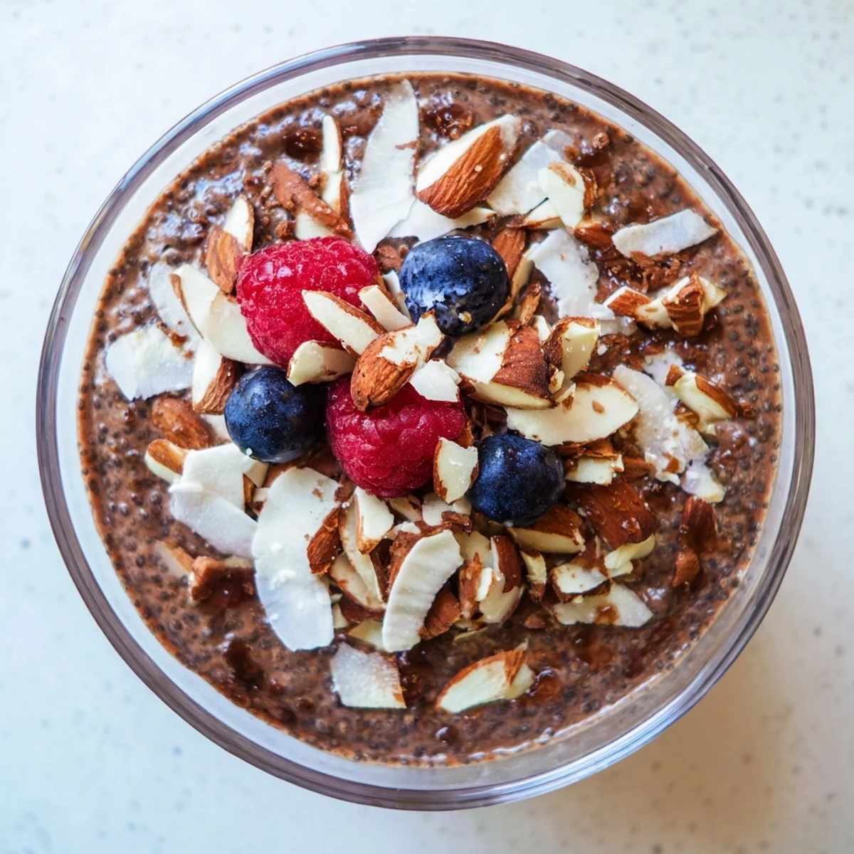 Creamy Cocoa Almond Coconut Chia Cream served in parfait glasses with fresh berries