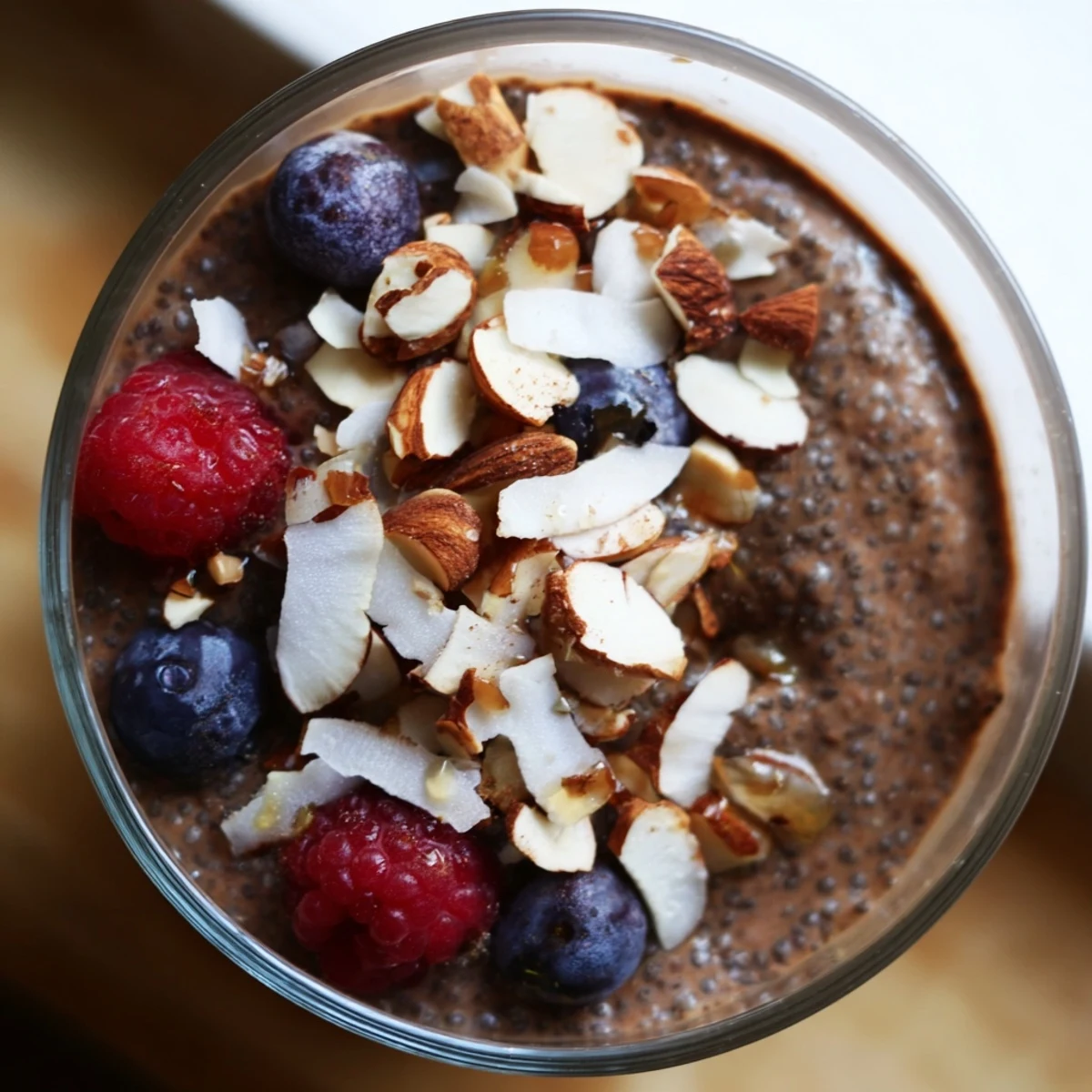 Rich chocolate-hued Cocoa Almond Coconut Chia Cream layered with shredded coconut and sliced almonds