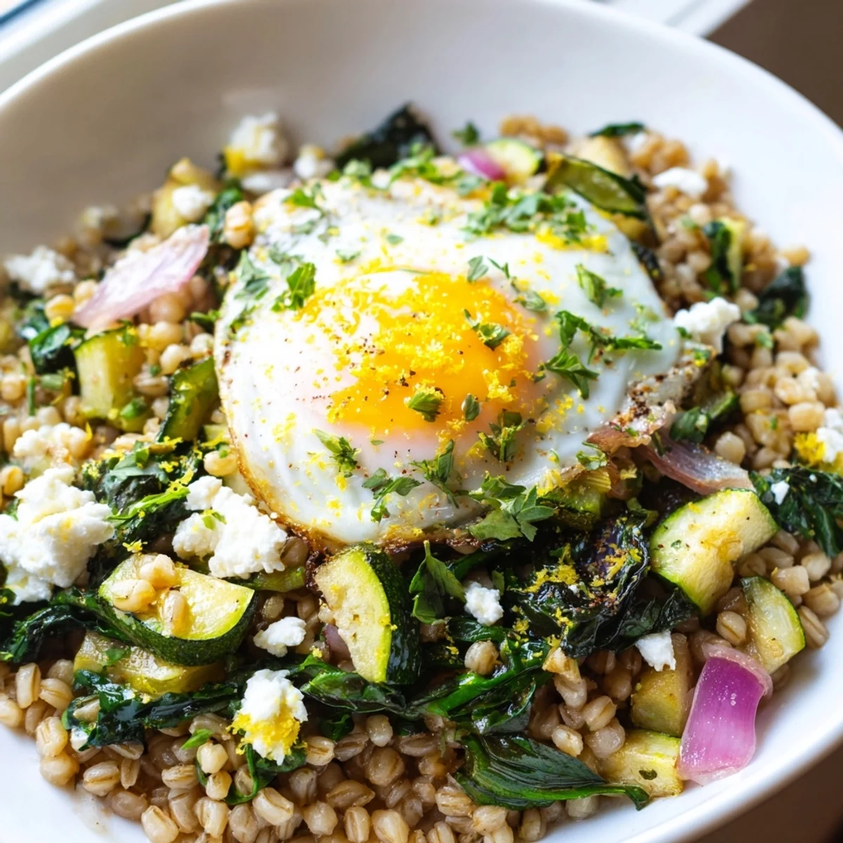 Warm spinach and zucchini barley breakfast bowl topped with a soft golden fried egg