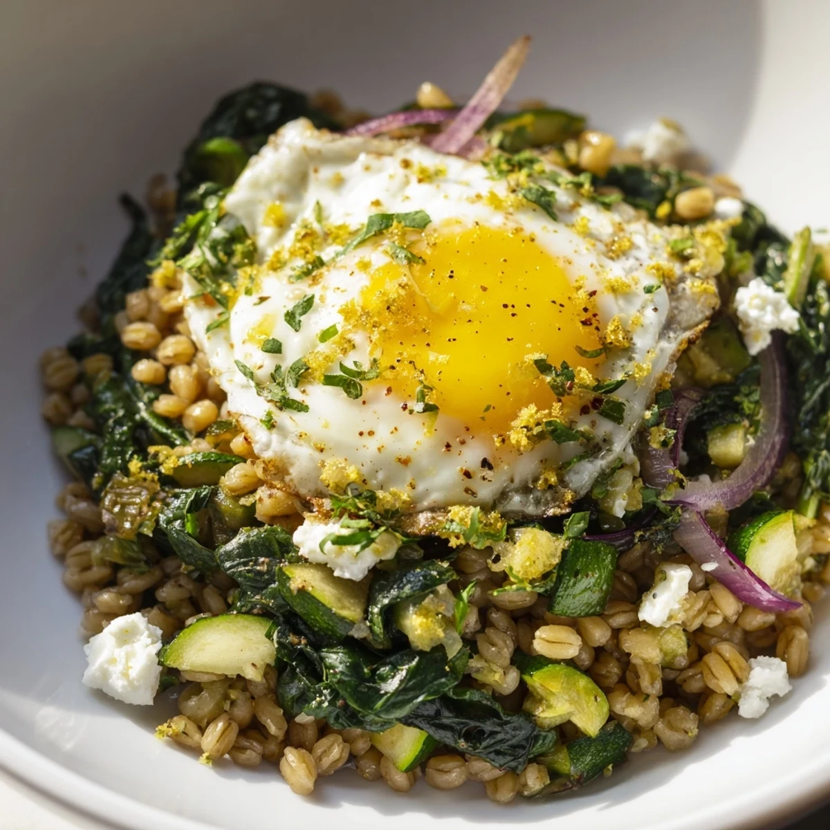 Hearty savory barley breakfast bowl with tender sautéed zucchini spinach and crumbled feta