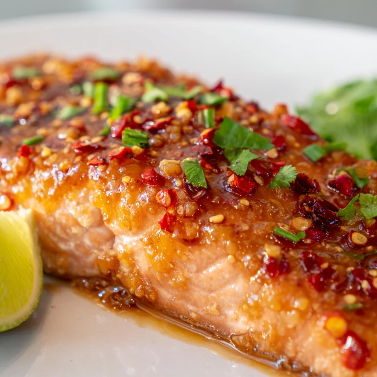 Tender honey chili lime salmon skillet fillets drizzled with thick sticky glaze and fresh cilantro