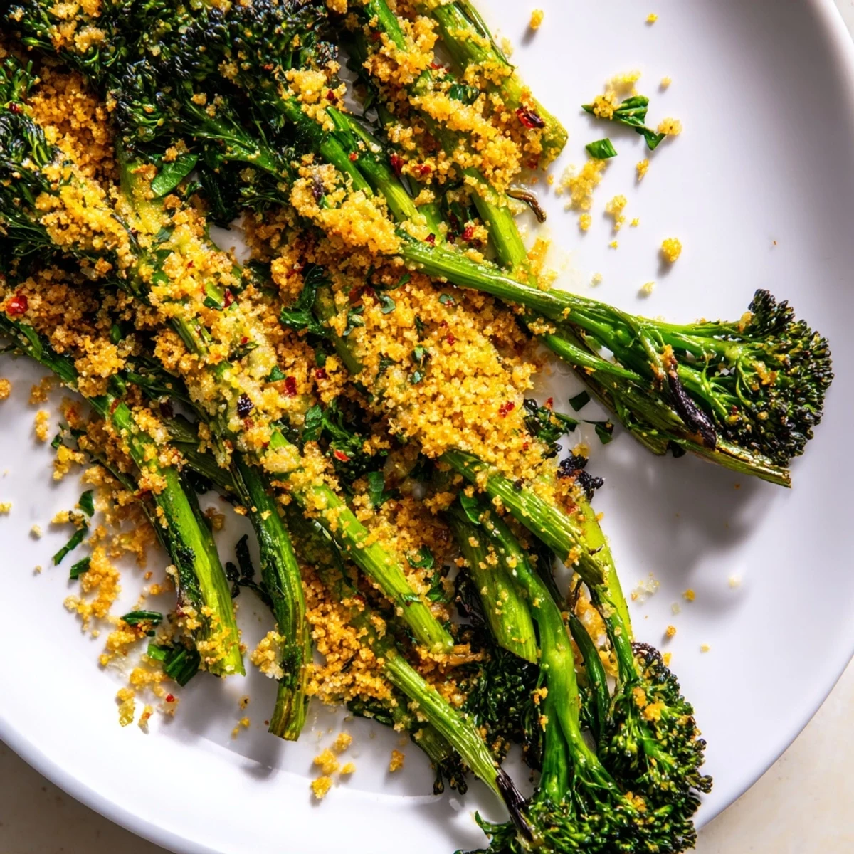 Crispy roasted broccolini with garlic herb crunch piled on a rustic serving platter